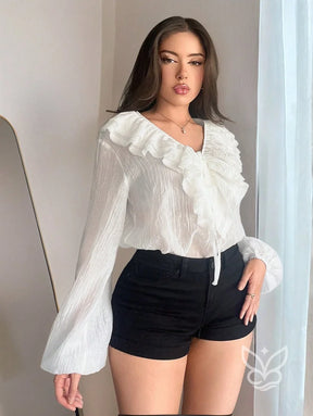 Blusa Decote V Com Amarração Frontal E Manga Lanterna Blusa Decote V Com Amarração Frontal E Manga Lanterna