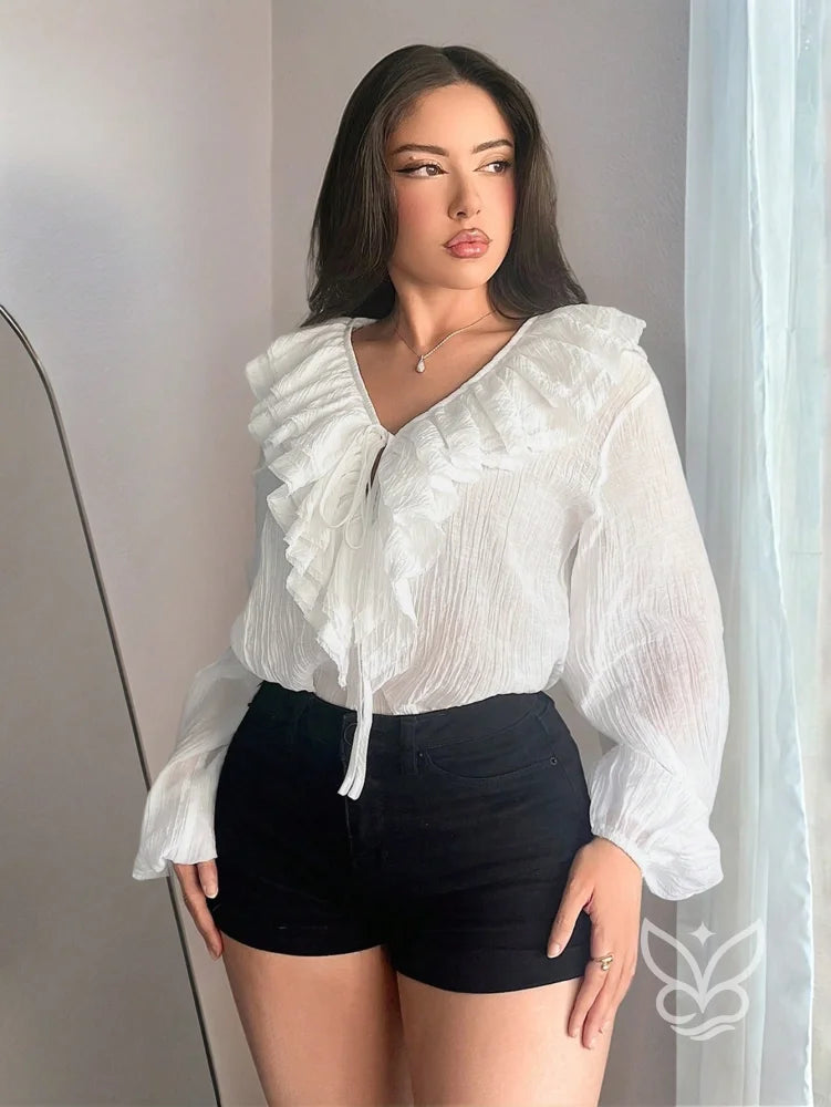 Blusa Decote V Com Amarração Frontal E Manga Lanterna Blusa Decote V Com Amarração Frontal E Manga Lanterna