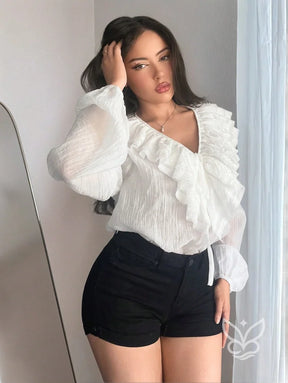 Blusa Decote V Com Amarração Frontal E Manga Lanterna Blusa Decote V Com Amarração Frontal E Manga Lanterna
