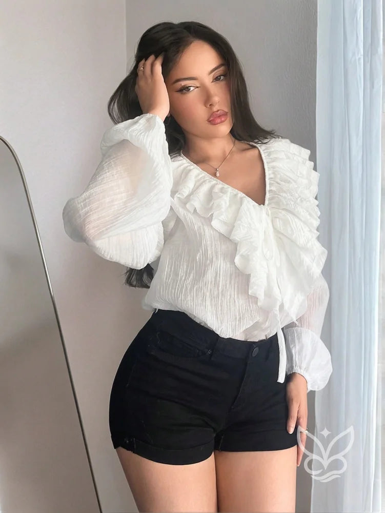 Blusa Decote V Com Amarração Frontal E Manga Lanterna Blusa Decote V Com Amarração Frontal E Manga Lanterna