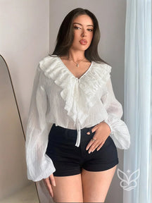 Blusa Decote V Com Amarração Frontal E Manga Lanterna Branco / PP Blusa Decote V Com Amarração Frontal E Manga Lanterna