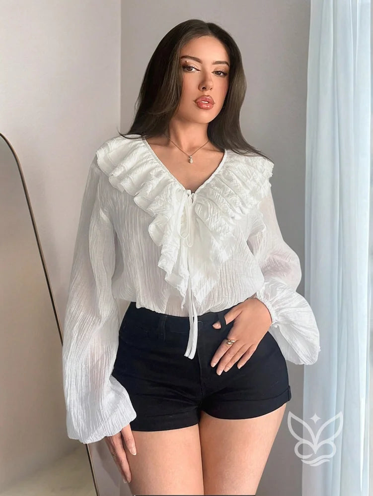 Blusa Decote V Com Amarração Frontal E Manga Lanterna Branco / PP Blusa Decote V Com Amarração Frontal E Manga Lanterna