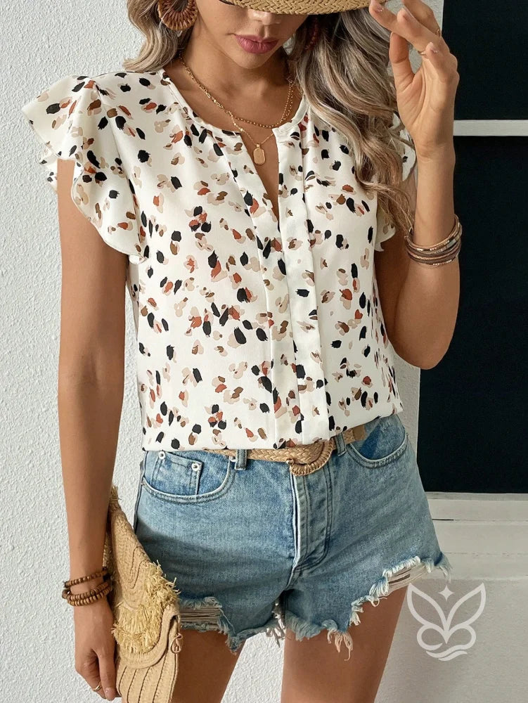 Blusa Decote V Com Recorte Frontal E Manga Cap Sleeve Blusa Decote V Com Recorte Frontal E Manga Cap Sleeve