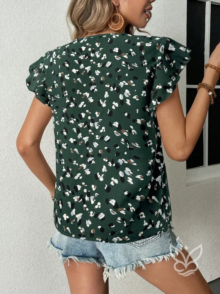 Blusa Decote V Com Recorte Frontal E Manga Cap Sleeve Blusa Decote V Com Recorte Frontal E Manga Cap Sleeve