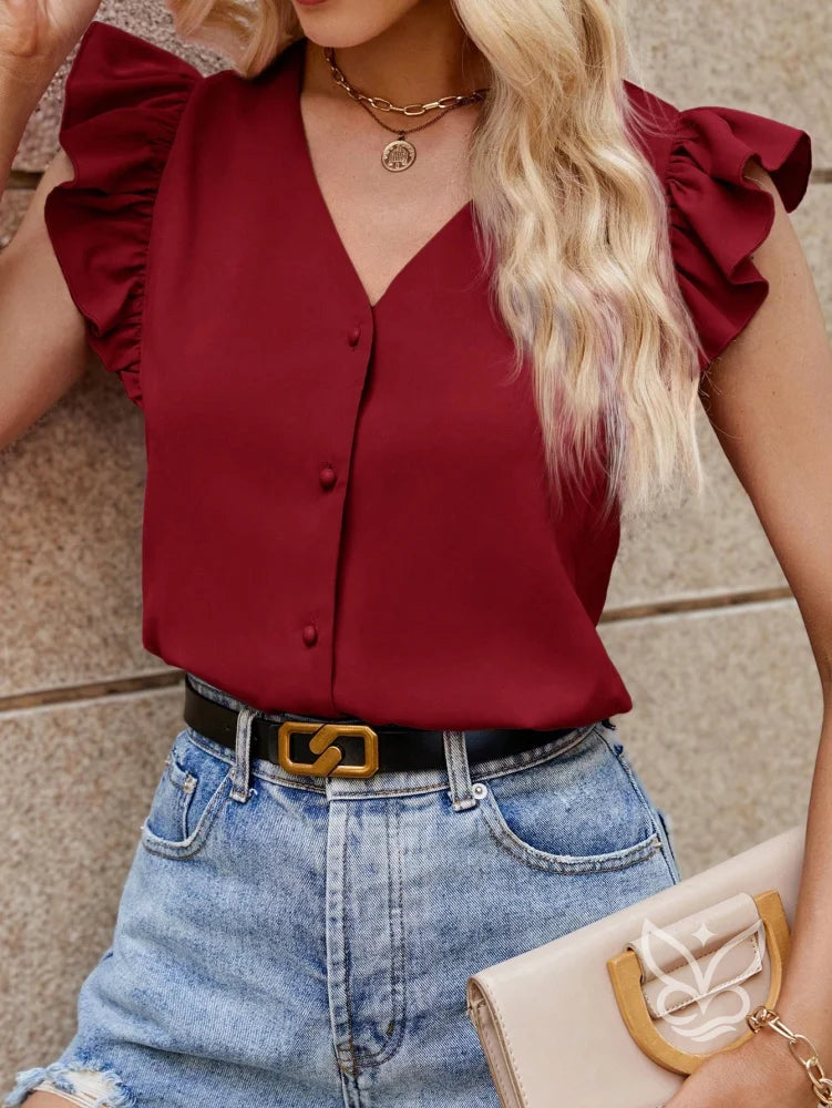 Blusa Decote V Listrada Com Manga Babado Blusa Decote V Listrada Com Manga Babado