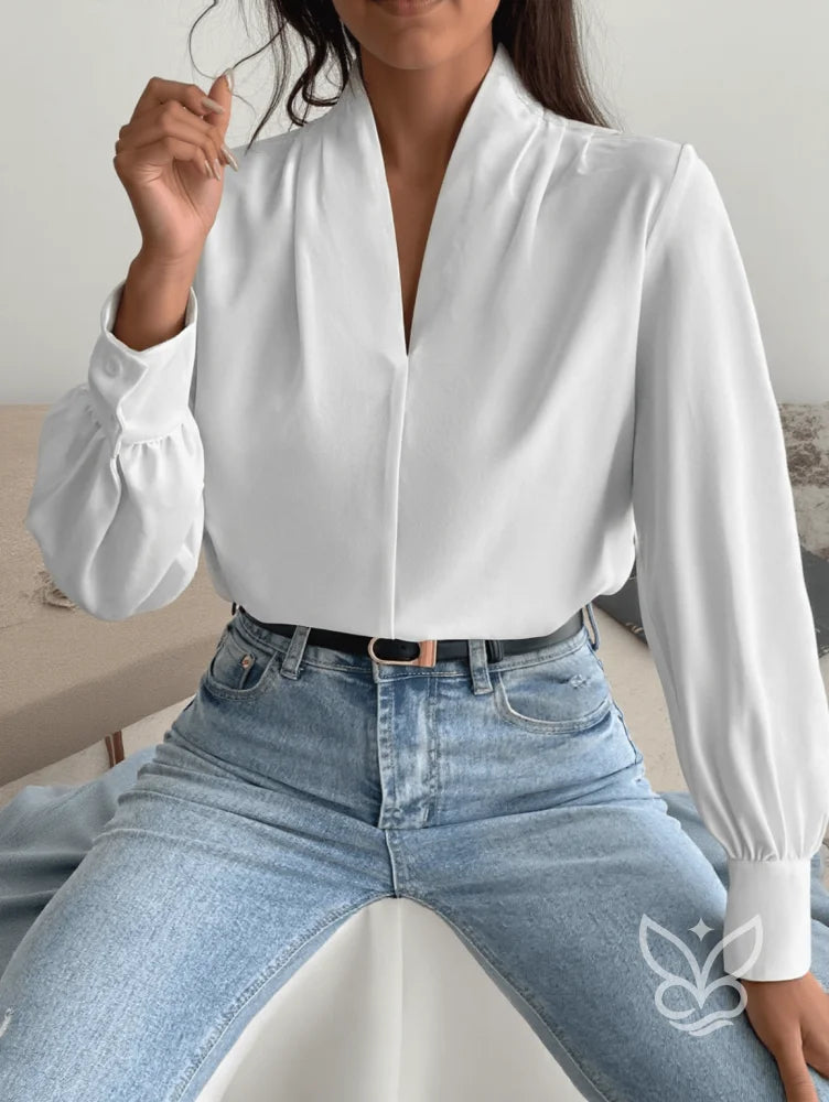 Blusa Elegante com Decote V e Manga Longa Branco / P Blusa Elegante com Decote V e Manga Longa