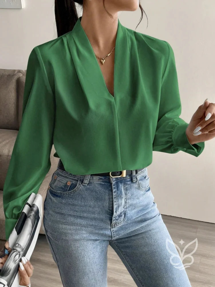 Blusa Elegante com Decote V e Manga Longa Verde / P Blusa Elegante com Decote V e Manga Longa
