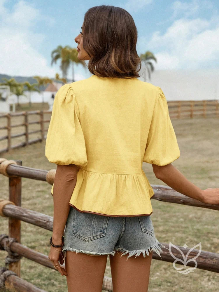 Blusa Em Algodão Com Mangas Bufantes E Amarração Contrastante Blusa Em Algodão Com Mangas Bufantes E Amarração