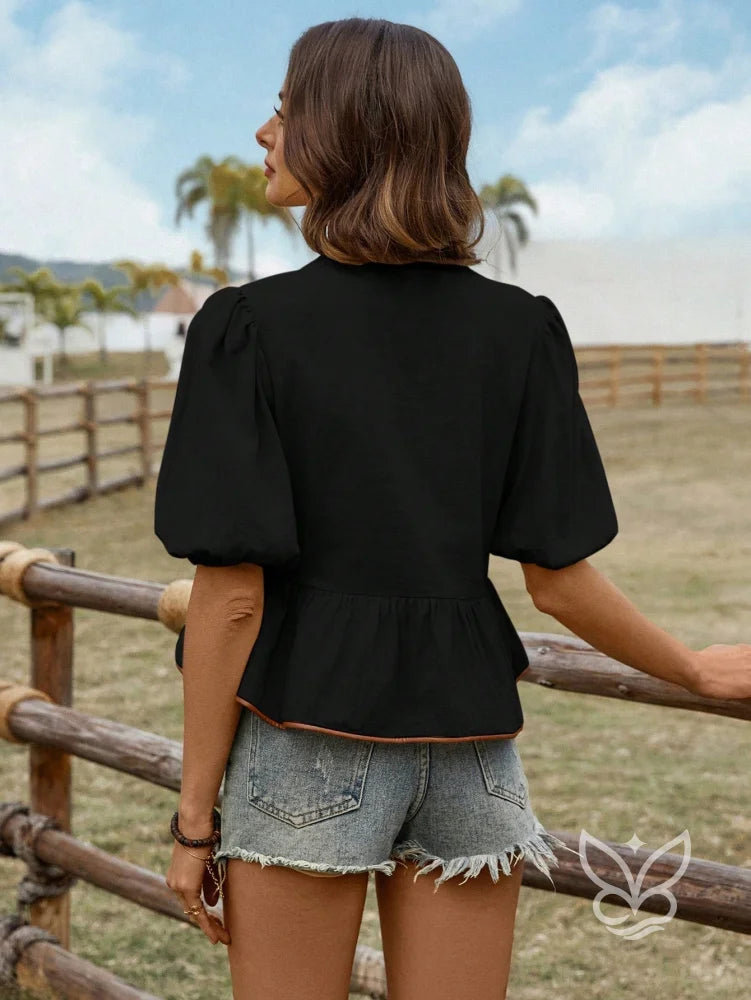 Blusa Em Algodão Com Mangas Bufantes E Amarração Contrastante Blusa Em Algodão Com Mangas Bufantes E Amarração