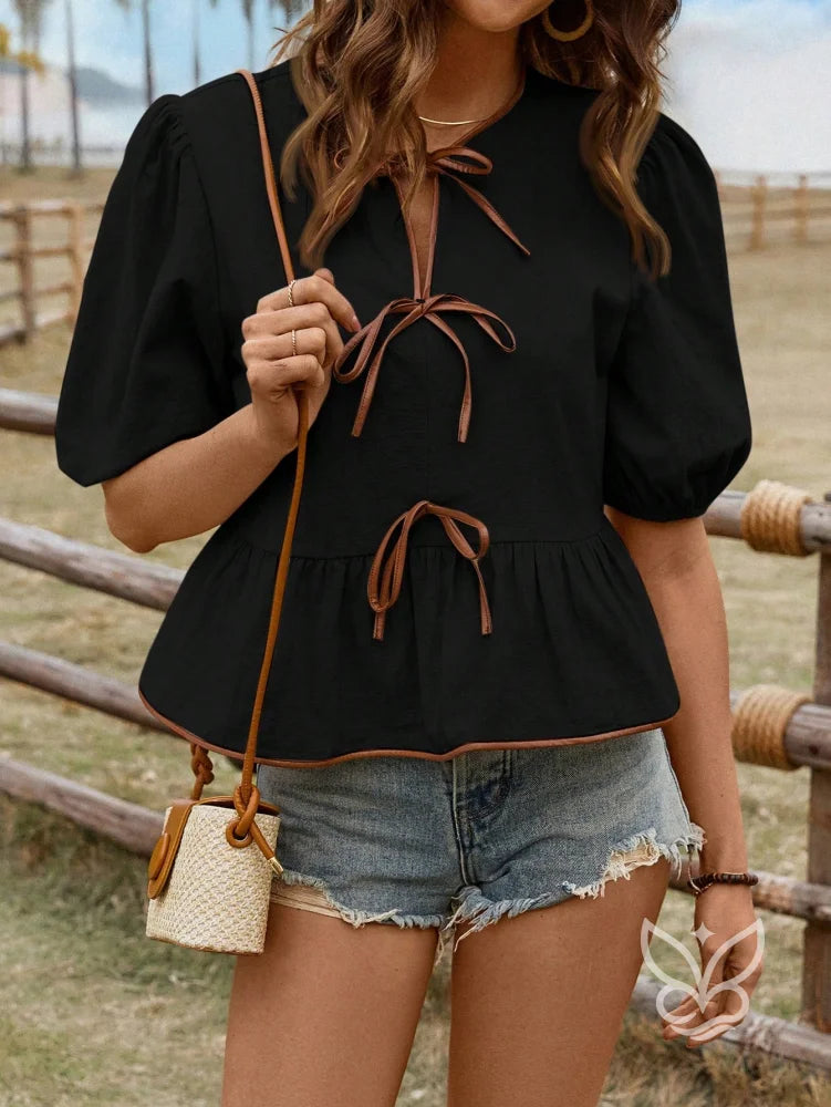Blusa Em Algodão Com Mangas Bufantes E Amarração Contrastante Blusa Em Algodão Com Mangas Bufantes E Amarração