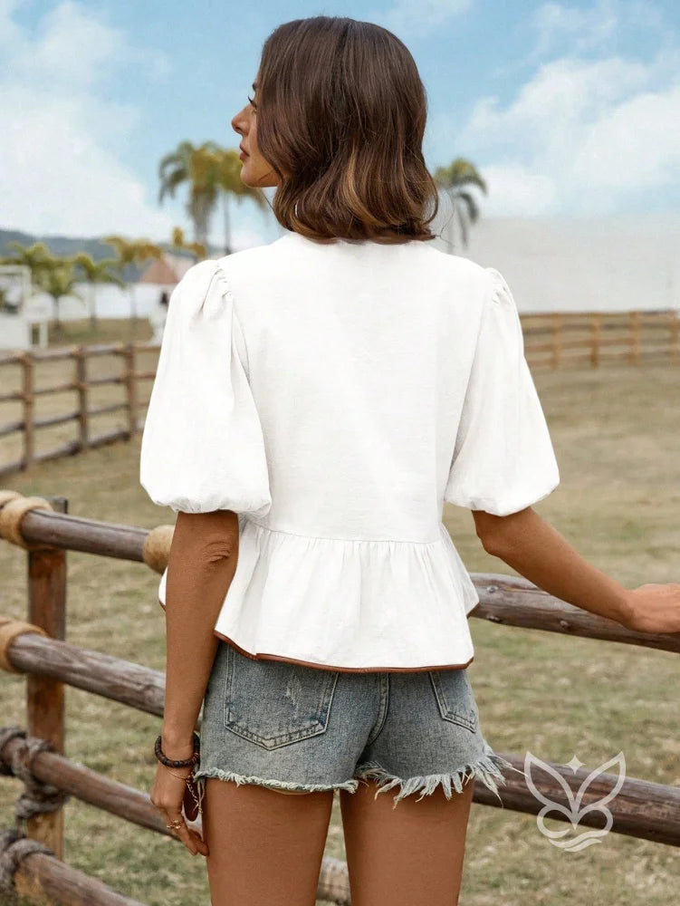 Blusa Em Algodão Com Mangas Bufantes E Amarração Contrastante Blusa Em Algodão Com Mangas Bufantes E Amarração