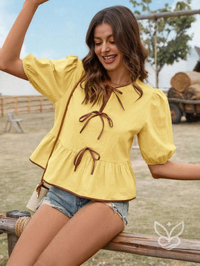 Blusa Em Algodão Com Mangas Bufantes E Amarração Contrastante Amarela / PP Blusa Em Algodão Com Mangas Bufantes E