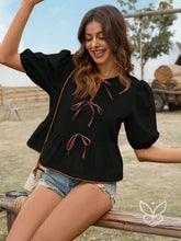 Blusa Em Algodão Com Mangas Bufantes E Amarração Contrastante Preto / PP Blusa Em Algodão Com Mangas Bufantes E