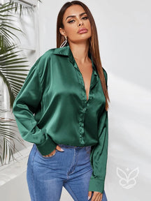 Blusa Em Cetim Com Botões Frontais E Gola Elegante Verde / PP Blusa Em Cetim Com Botões Frontais E Gola Elegante