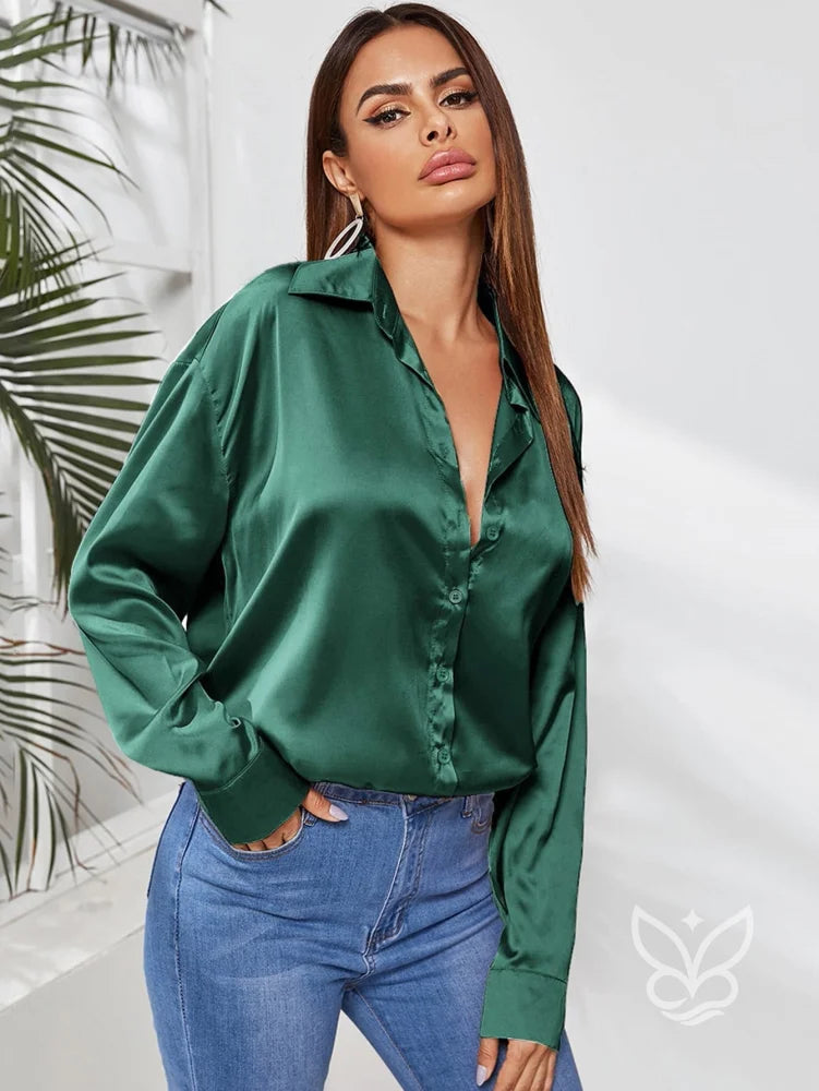Blusa Em Cetim Com Botões Frontais E Gola Elegante Verde / PP Blusa Em Cetim Com Botões Frontais E Gola Elegante