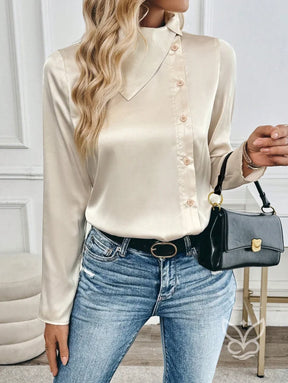 Blusa Em Cetim Com Gola Alta E Botões Laterais Elegantes Damasco / PP Blusa Em Cetim Com Gola Alta E Botões Laterais