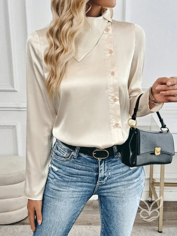 Blusa Em Cetim Com Gola Alta E Botões Laterais Elegantes Damasco / PP Blusa Em Cetim Com Gola Alta E Botões Laterais