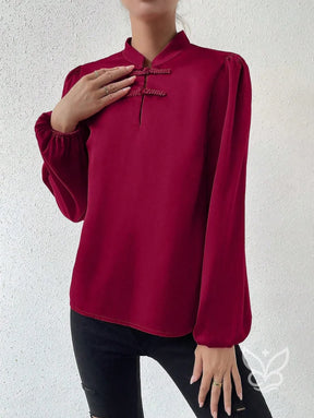Blusa Em Cetim Com Gola Chinesa E Manga Bufante Blusa Em Cetim Com Gola Chinesa E Manga Bufante