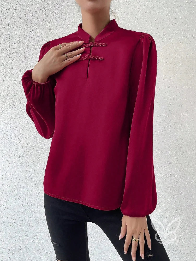 Blusa Em Cetim Com Gola Chinesa E Manga Bufante Blusa Em Cetim Com Gola Chinesa E Manga Bufante