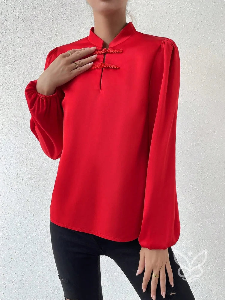 Blusa Em Cetim Com Gola Chinesa E Manga Bufante Blusa Em Cetim Com Gola Chinesa E Manga Bufante
