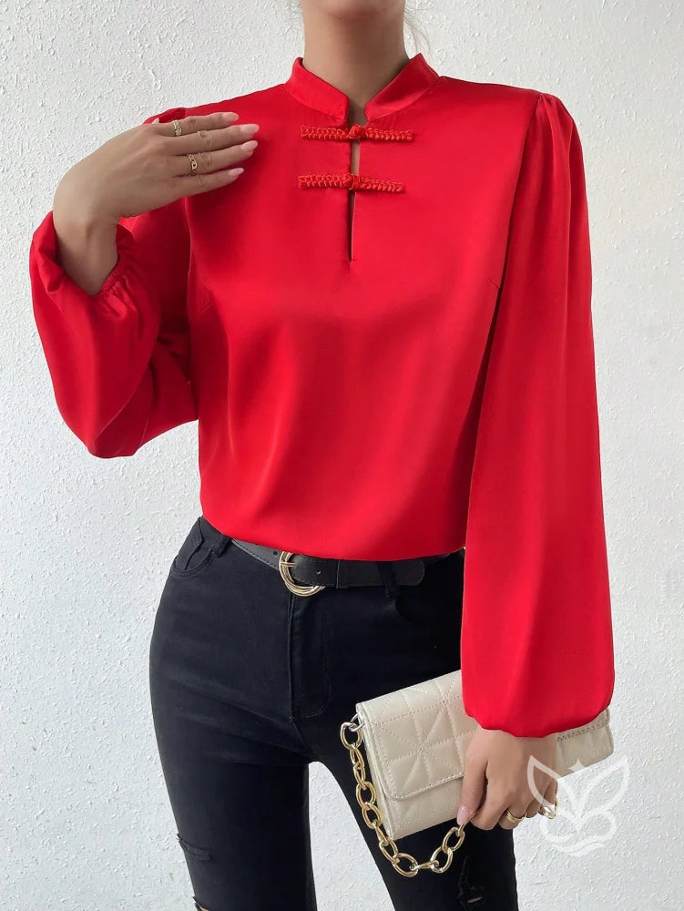 Blusa Em Cetim Com Gola Chinesa E Manga Bufante Blusa Em Cetim Com Gola Chinesa E Manga Bufante