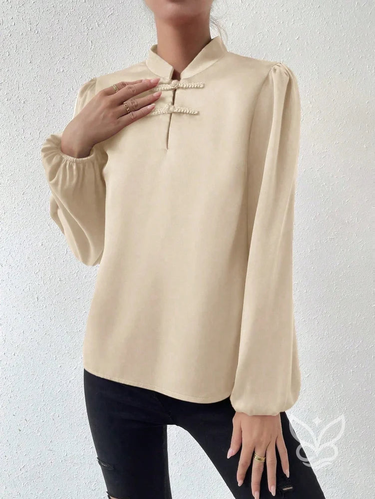 Blusa Em Cetim Com Gola Chinesa E Manga Bufante Blusa Em Cetim Com Gola Chinesa E Manga Bufante