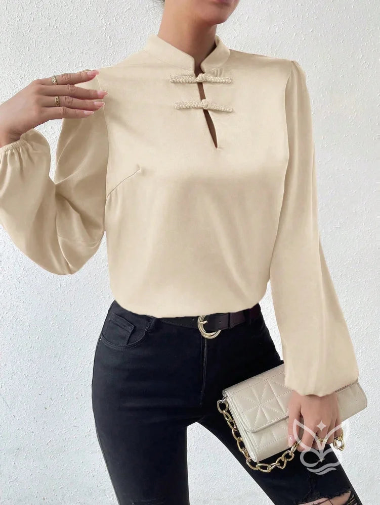 Blusa Em Cetim Com Gola Chinesa E Manga Bufante Blusa Em Cetim Com Gola Chinesa E Manga Bufante