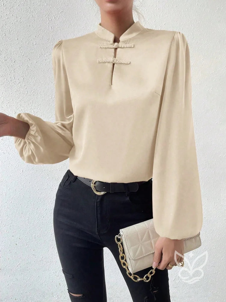 Blusa Em Cetim Com Gola Chinesa E Manga Bufante Damasco / PP Blusa Em Cetim Com Gola Chinesa E Manga Bufante