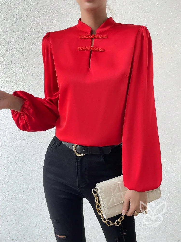 Blusa Em Cetim Com Gola Chinesa E Manga Bufante Vermelho / PP Blusa Em Cetim Com Gola Chinesa E Manga Bufante