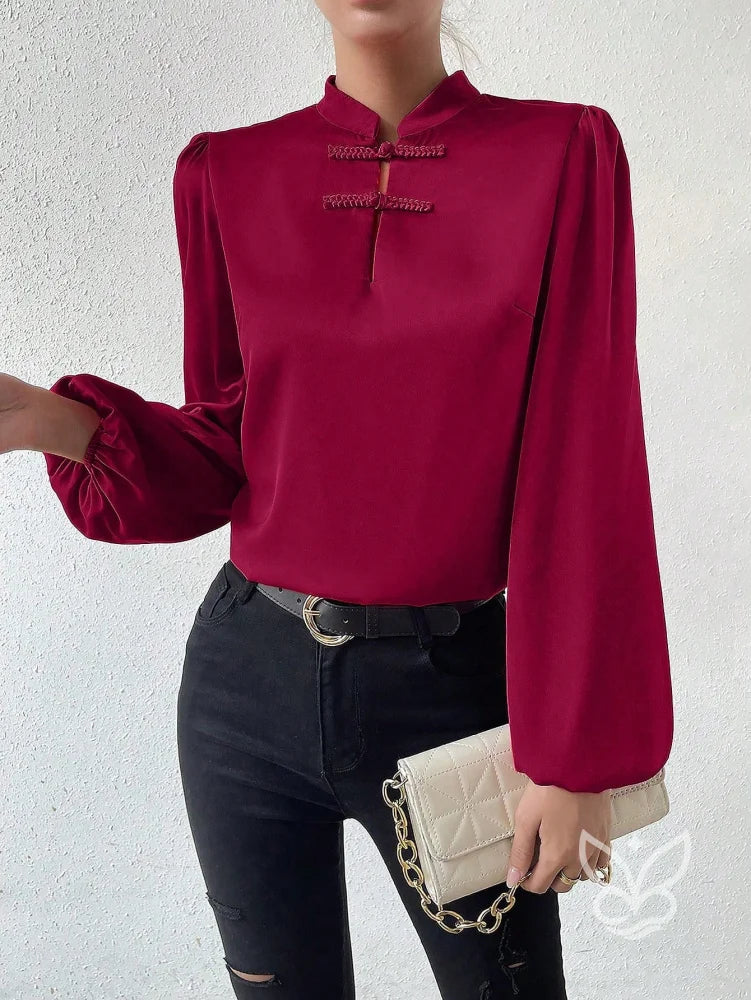 Blusa Em Cetim Com Gola Chinesa E Manga Bufante Vinho / PP Blusa Em Cetim Com Gola Chinesa E Manga Bufante