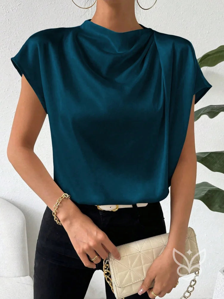 Blusa Em Cetim Com Gola Degagê E Caimento Fluido Azul / PP Blusa Em Cetim Com Gola Degagê E Caimento Fluido