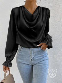 Blusa Em Cetim Com Gola Degagê E Manga Bufante Detalhada Preto / PP Blusa Em Cetim Com Gola Degagê E Manga Bufante
