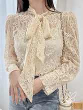 Blusa Em Renda Com Manga Bufante E Laço Frontal Delicado Damasco / PP Blusa Em Renda Com Manga Bufante E Laço Frontal
