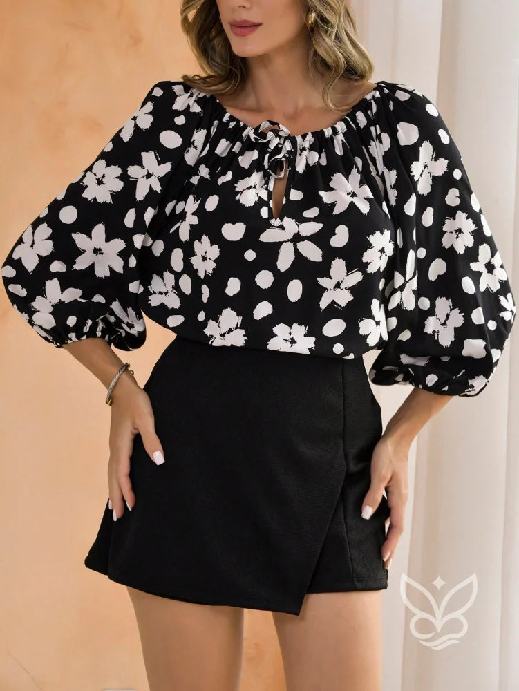 Blusa Estampada com Manga Bufante e Amarração no Decote Floral / PP Blusa Estampada com Manga Bufante e Amarração no