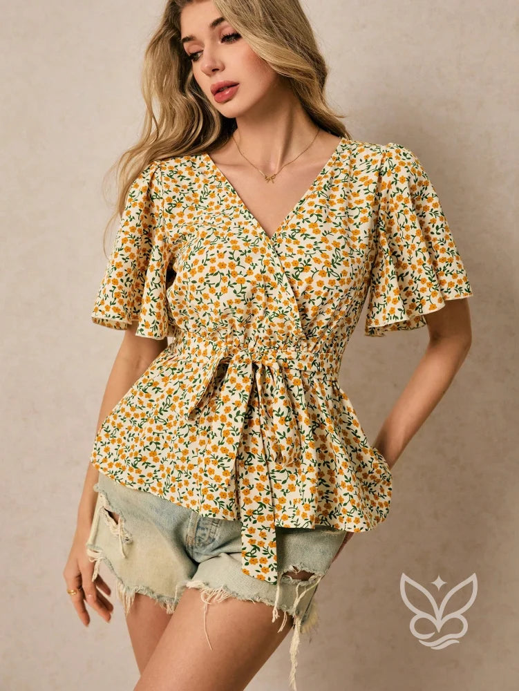 Blusa Estampada Floral com Decote V e Amarração Peplum Floral / PP Blusa Estampada Floral com Decote V e Amarração
