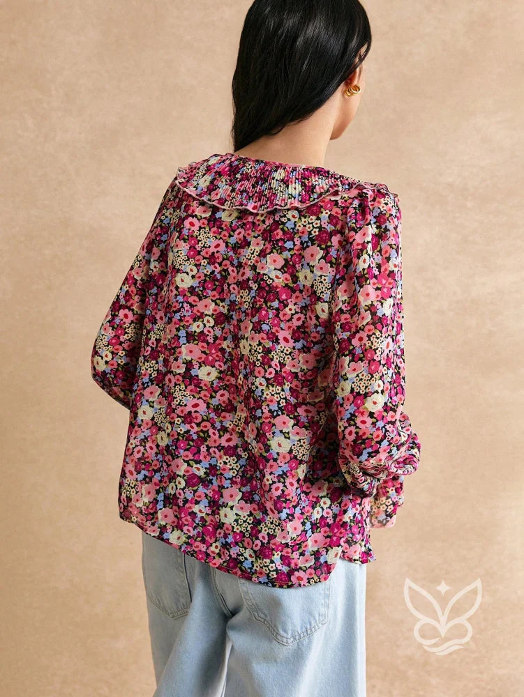 Blusa Floral Com Babados E Mangas Longas Bufantes Blusa Floral Com Babados E Mangas Longas Bufantes