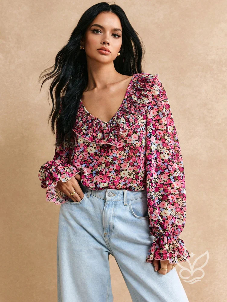 Blusa Floral Com Babados E Mangas Longas Bufantes Floral / PP Blusa Floral Com Babados E Mangas Longas Bufantes