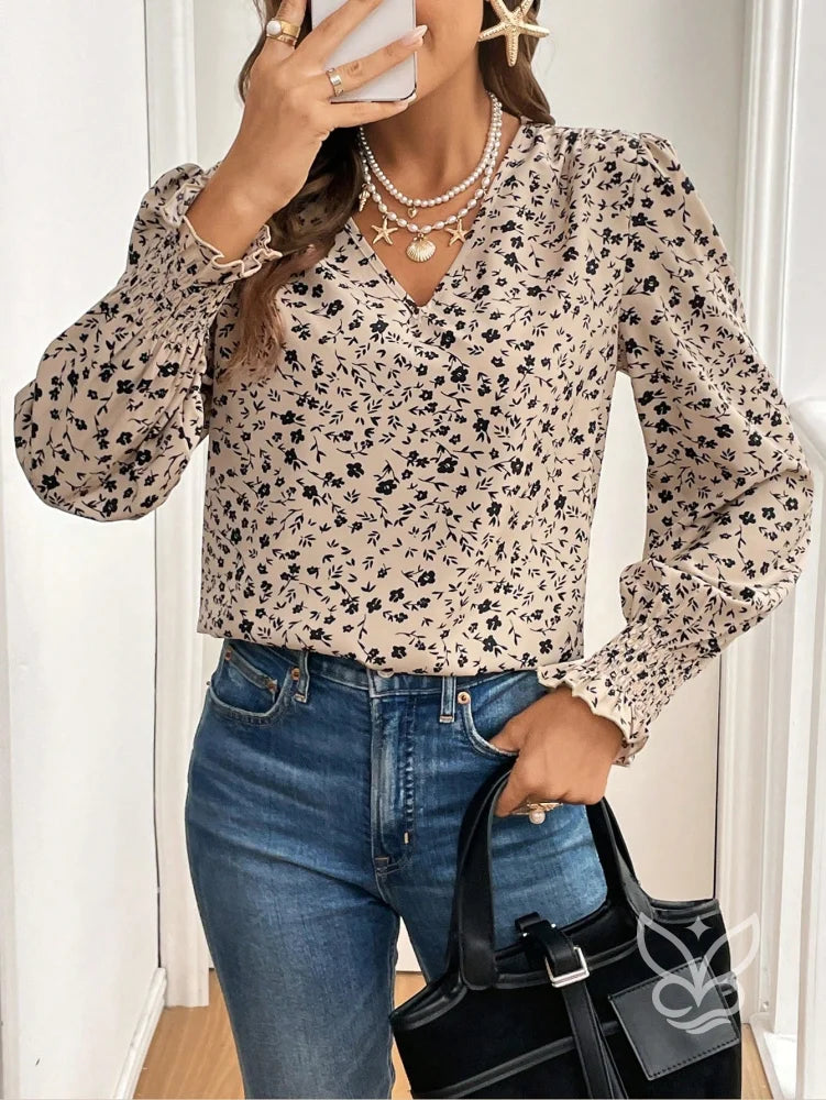 Blusa Floral Com Decote V E Mangas Longas Ajustadas Damasco / PP Blusa Floral Com Decote V E Mangas Longas Ajustadas