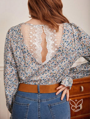 Blusa Floral Com Decote V E Mangas Longas Com Babado Blusa Floral Com Decote V E Mangas Longas Com Babado