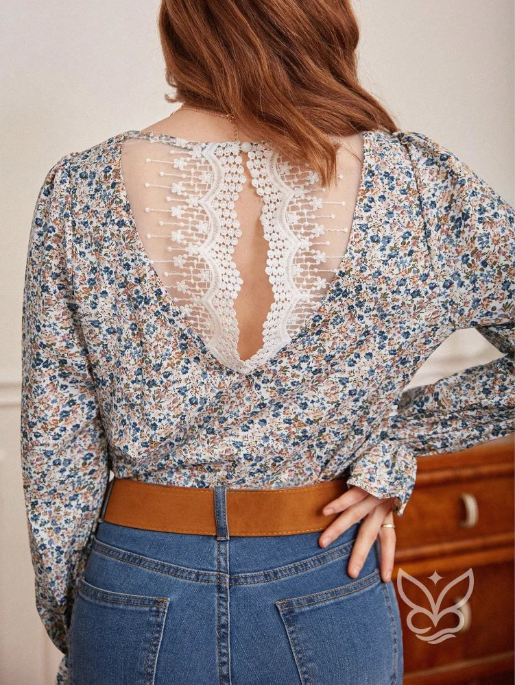 Blusa Floral Com Decote V E Mangas Longas Com Babado Blusa Floral Com Decote V E Mangas Longas Com Babado