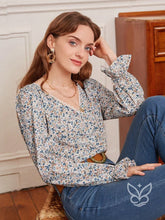 Blusa Floral Com Decote V E Mangas Longas Com Babado Floral / PP Blusa Floral Com Decote V E Mangas Longas Com Babado