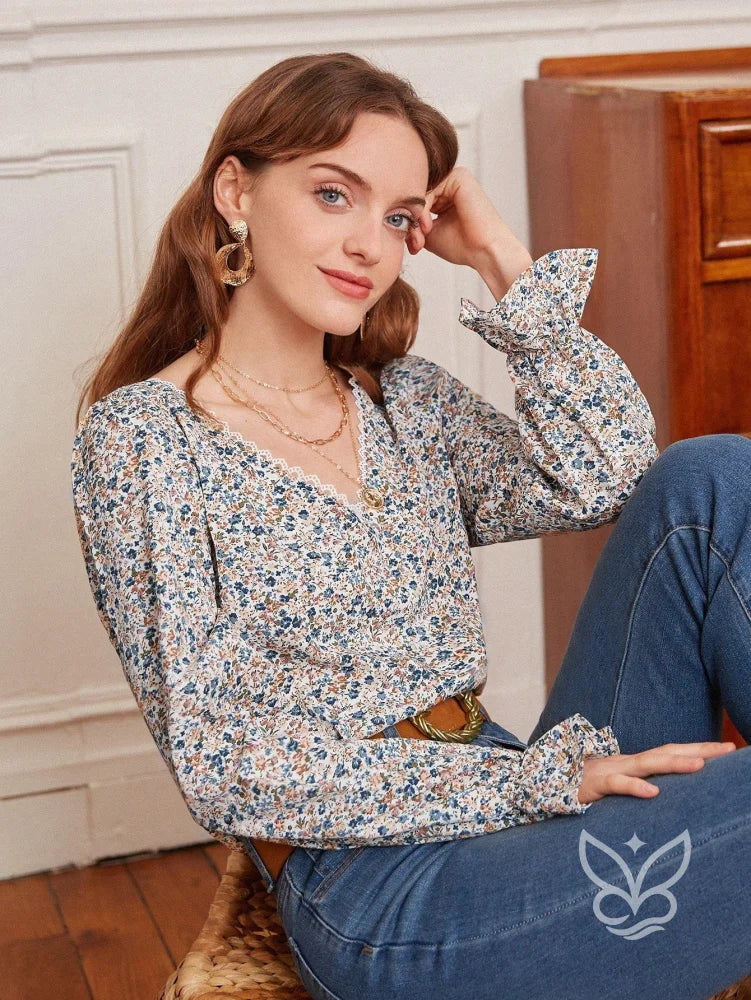 Blusa Floral Com Decote V E Mangas Longas Com Babado Floral / PP Blusa Floral Com Decote V E Mangas Longas Com Babado