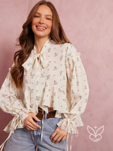 Blusa Floral Com Manga Bufante E Amarração Na Gola Damasco / PP Blusa Floral Com Manga Bufante E Amarração Na Gola