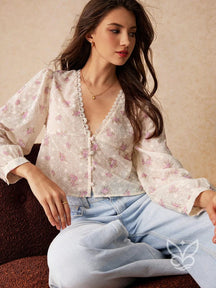 Blusa Floral Com Transparência E Botões Frontais Floral / PP Blusa Floral Com Transparência E Botões Frontais