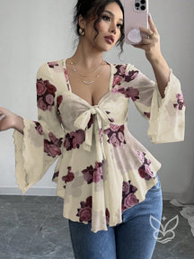 Blusa Floral Transparente Com Manga Flare E Laço Frontal Damasco / PP Blusa Floral Transparente Com Manga Flare E Laço