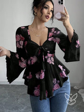 Blusa Floral Transparente Com Manga Flare E Laço Frontal Preto / PP Blusa Floral Transparente Com Manga Flare E Laço