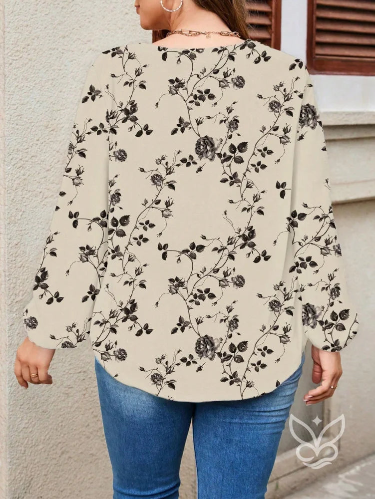 Blusa Floral Vintage Manga Longa Decote V Blusa Floral Vintage Manga Longa Decote V