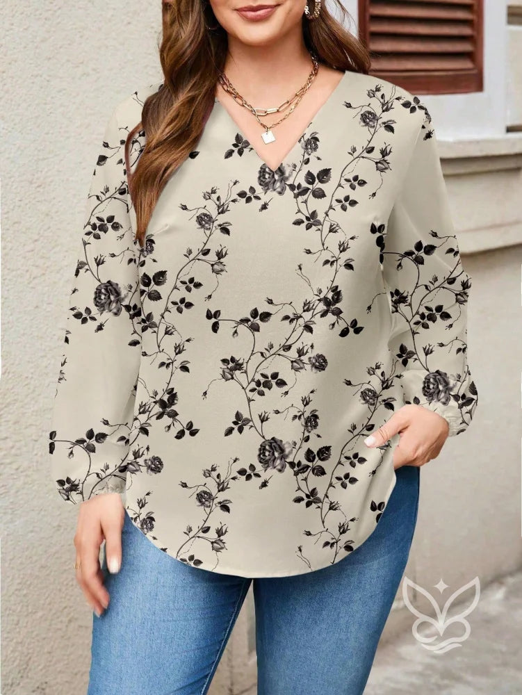 Blusa Floral Vintage Manga Longa Decote V Bege / PP Blusa Floral Vintage Manga Longa Decote V