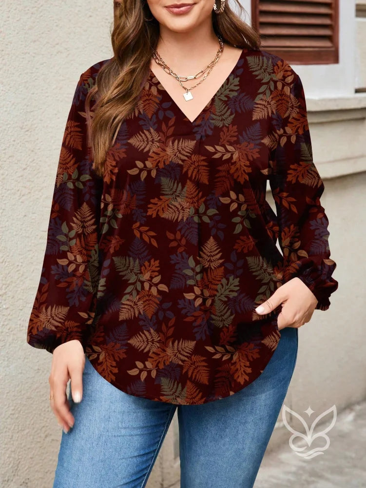Blusa Floral Vintage Manga Longa Decote V Vinho / PP Blusa Floral Vintage Manga Longa Decote V