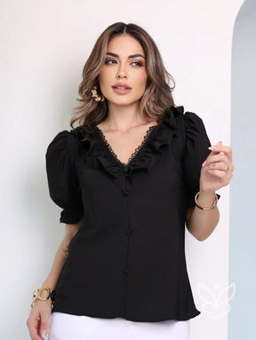 Blusa Formal Com Manga Bufante Curta E Decote V Com Babados Blusa Formal Com Manga Bufante Curta E Decote V Com Babados